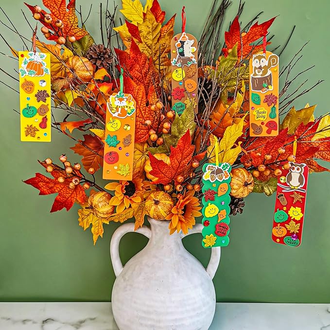 Winlyn 36 Sets Fall Craft Kits Kids Autumn Thanksgiving Fall Crafts DIY Fall Bookmarks Decorations Art Sets Pumpkin Maple leaf Harvest Foam Stickers Arts and Crafts for Kids Classroom Party Activities