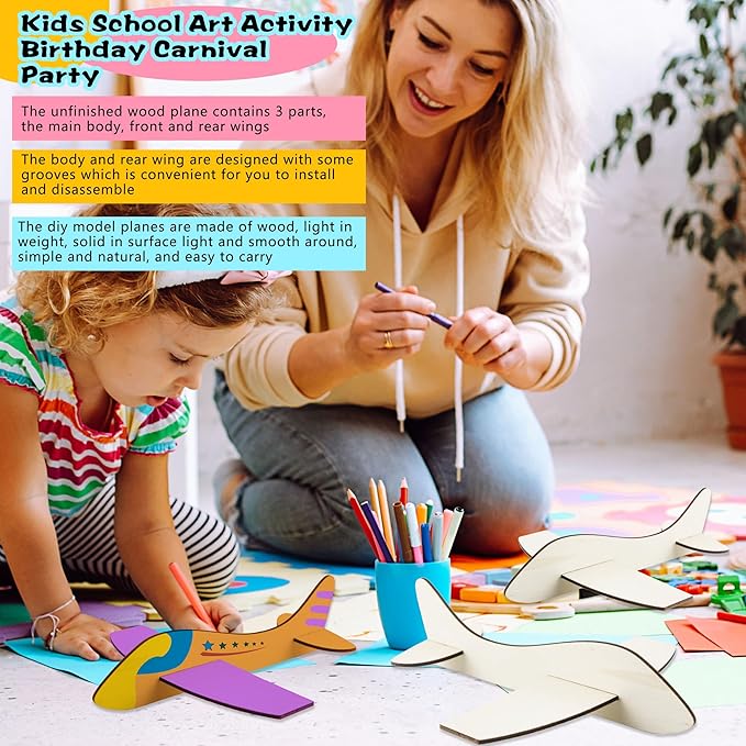 Feradny 24 Pack Unfinished Wooden Airplane Model Toys DIY Model Planes Wood Plane kit Handcraft Plane to Paint for Kids School Art Activity Birthday Carnival Party (Color Style 2)…