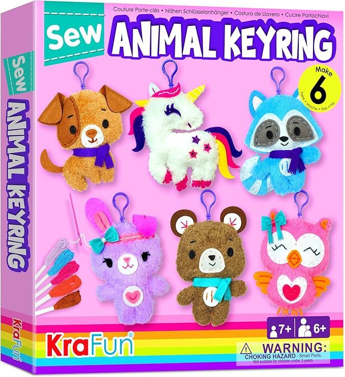 KRAFUN Unicorn Sewing Keyring Kit for Kids Age 7 8 9 10 11 12 Learn Art & Craft, Includes 6 Stuffed Animal Bear, Dog, Rabbit, Raccoon, Owl Dolls, Instruction & Felt Materials
