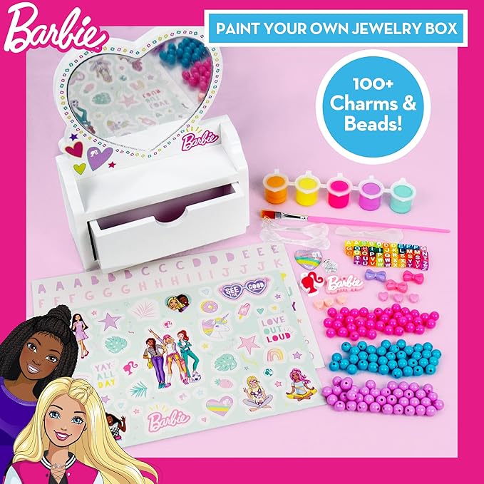 Barbie Paint Your Own Jewelry Box, Customize A Heart-Shaped Vanity & Jewelry Box with Acrylic Paints, Create 5 Pieces of Jewelry, 100+ Charms & Beads, Bead Kit for Kids Ages 5, 6, 7, 8