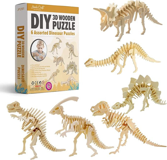 Hands Craft DIY 3D Wooden Puzzle – 6 Assorted Dinosaur Bundle Pack Set Brain Teaser Puzzles Educational STEM Toy Adults and Kids to Build Safe and Non-Toxic Easy Punch Out Premium Wood JP2B1
