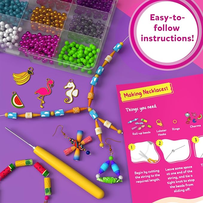 Skillmatics Craft Activity - Roll-up Beads Tropical Paradise DIY Kit, 500+ Charms & Beads, Jewelry Making Kit, Create 40+ Accessories, Gifts for Kids Ages 6, 7, 8, 9, 10, 11, 12, 13