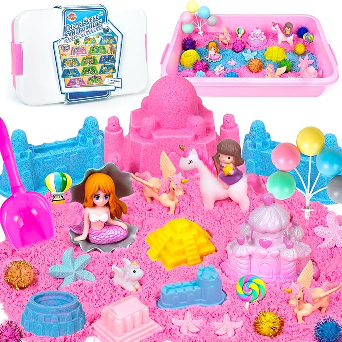 Hymaz Unicorn Sensory Bin, 47 pcs Unicorn & Ocean Sensory Bins for Kids 2-4 5-7, Kids Play Sand for Sandbox Toys, Sandbox with lid Castle Unicorn Toys for Girls Age 4-6 Indoor Xmas Birthday Gifts