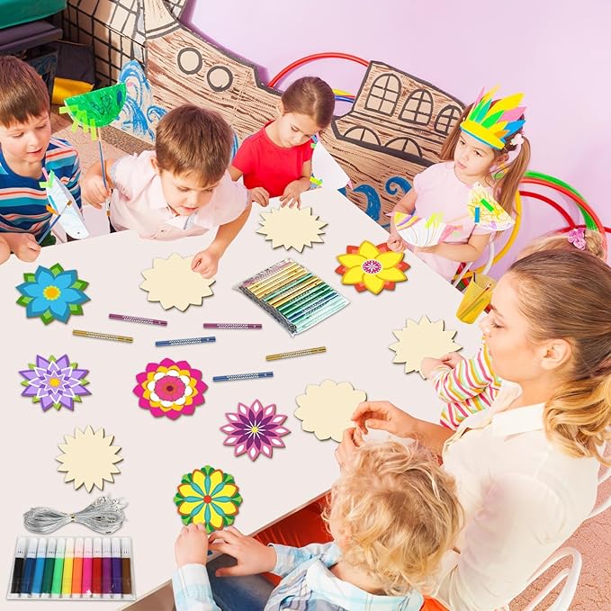 gisgfim 16 Pack Lotus Flower Wind Chime Crafts Kits for Kids Make Your Own Mandala Wind Chime Wooden DIY Arts and Crafts Decoration for Xmas Party School Classroom Decorations Supplies Birthday Favors