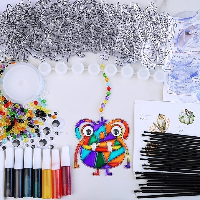 Winlyn 27 Sets Halloween Craft Kits Fall Crafts Monster Suncatchers Ornaments Decorations DIY Window Paint Art Suncatchers Hanging Monster Sun Catchers for Kids Classroom Party Activities