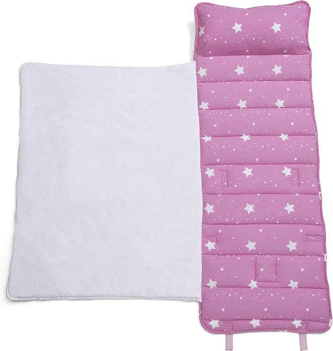 Delta Children Nap Mat - Includes Pillow & Blanket for Toddlers and Kids; Features Carry Handle w/Strap Closure and Name Tag; Rollup Design is Ideal for Preschool and Daycare; Personalization Optional