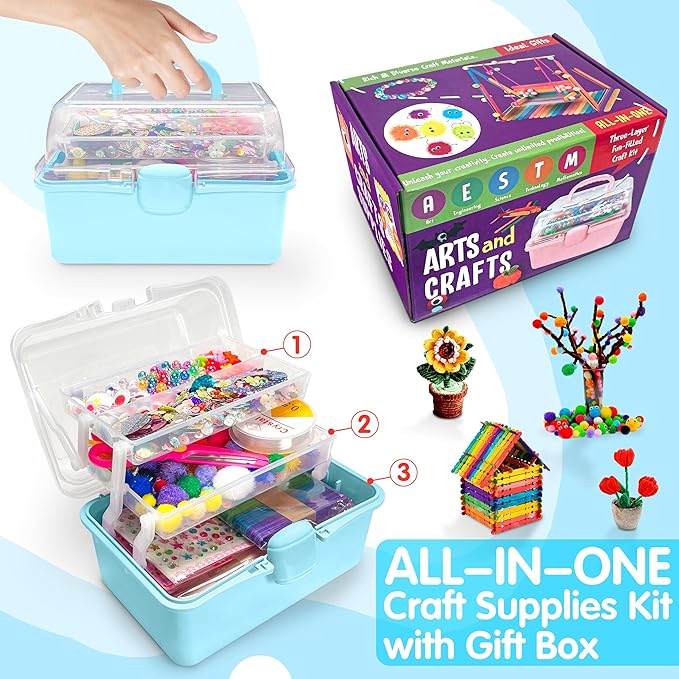 LINAYE 2500+PCS Arts and Crafts Supplies for Kids, DIY Craft Supplies Kit Box for Ages 6-8, Arts and Crafts Kit for Kids, Crafting Supply Set for Girls Boys Birthday Christmas Gifts, Light Blue