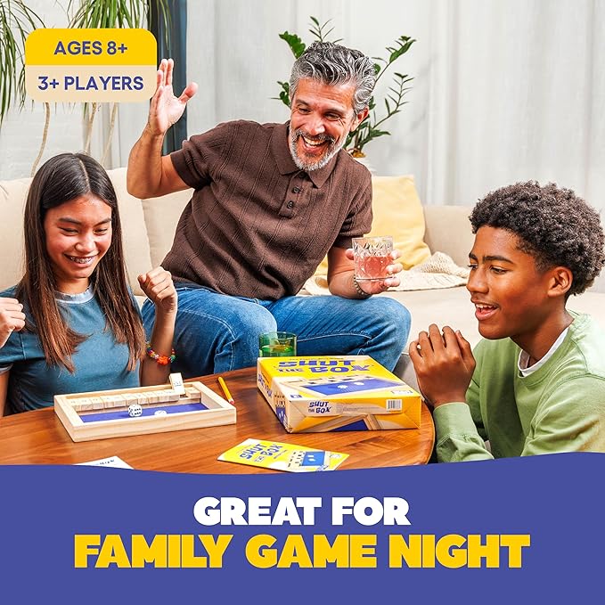 Shut The Box by Relatable, The Classic Choice for Tabletop Games, Math Games, Board Games for Kids and Adults, and Strategy Games, Includes 2 Dice, 1 Wooden Box, 1 Scorepad, and Instructions