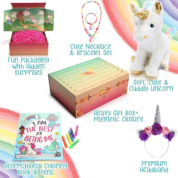 The Memory Building Company Kids Toys - Large Unicorn Surprise Box for Girls and Boys w/Unicorn Plush, Coloring Book and Markers, Jewelry and Horn Headband - Awesome Gift for Girls Age 6 & Up