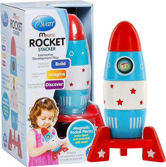 Wooden Stacker Toy Space Rocket - 6 Magnetic Stacking Pieces - Magnet Building Set with Surprise Astronaut Inside, Fun Hands On Game for Kids, All Natural Wood Set, Childrens Interactive Play Gift