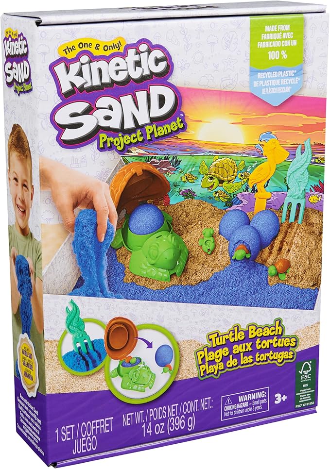 Kinetic Sand, Project Planet Turtle Beach with 14oz Play Sand, Tools & Molds, Sustainably Minded Eco Friendly Materials, Sensory Toys for Kids