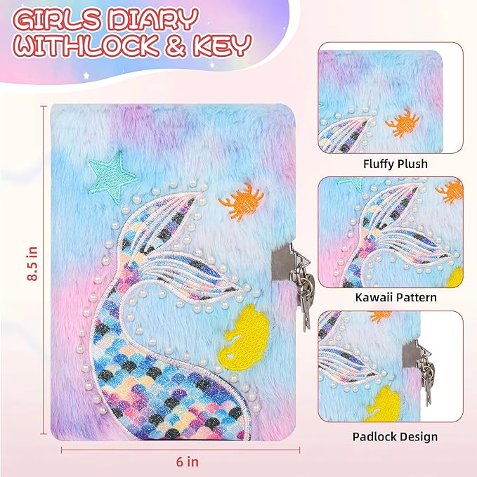 LiYiQ Plush Mermaid Diary Gift for Girls Kids Travel Journal Secret Diary with Scrapbook Paper Stickers Journal Stencils Pompom Pen and Washi Tape Practical Set Gift for Birthday Christma