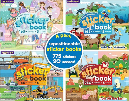 Made By Me Repositionable Sticker Book Bundle Pack, 4-in-1 Sticker Books, Includes Over 770 Removable Stickers & 4 Different Themes, Great for Travel, Road Trips, Sticker Set for Ages 4, 5, 6, 7,