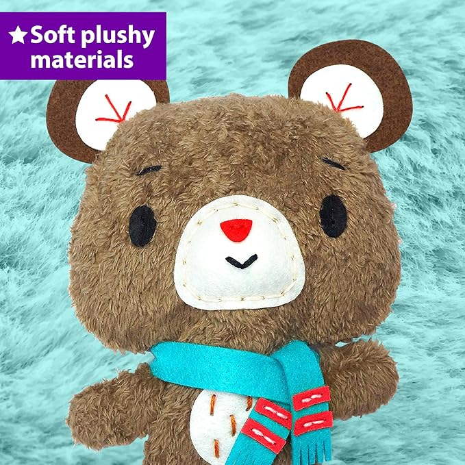 KRAFUN Sewing Kit for Kids Age 7 8 9 10 11 12 Beginner My First Art & Craft, Includes 3 Stuffed Animal Dolls Teddy, Raccoon and Owl, Instructions & Plush Felt Materials for Learn to Sew, Embroidery