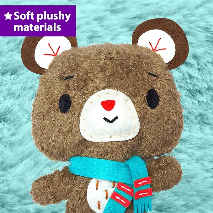 KRAFUN Sewing Kit for Kids Age 7 8 9 10 11 12 Beginner My First Art & Craft, Includes 3 Stuffed Animal Dolls Teddy, Raccoon and Owl, Instructions & Plush Felt Materials for Learn to Sew, Embroidery