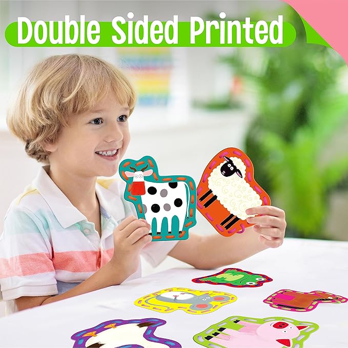 9 Pieces Kids Lacing Cards, Double Sided Sewing Cards in 9 Farm Themed Cards with 9 Colorful Laces, Imagination Development Lacing Toys Games for Children Educational and Learning Activity