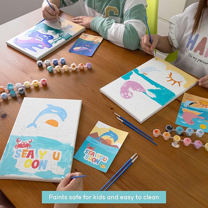 BONNYCO Paint by Numbers Kit for Kids Sea Animals Pack 3 Canvas Paint by Number Canvas, Ocean Gifts for Kids, Arts and Crafts, Kids Paint by Number, Kits Pre Drawn Canvas for Painting for Kids