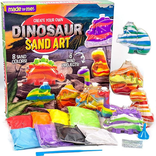 Made By Me Create Your Own Dinosaur Sand Art by Horizon Group USA, Includes 6 Dino-Themed Bottles with Caps, 8 Sand Colors, Glitter, Funnel & More, Multi