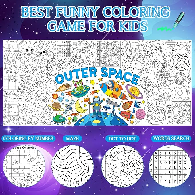 Outer Space Giant Coloring Poster for Kids 30 x 72 Inch, Space Large Coloring Poster Tablecloth, Outer Space Themed Color-in Activities Games for Kids School Classroom Home Party Supplies Decorations