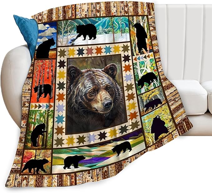Black Bear Throw Blanket Rustic Brown Farmhouse Plush Bed Blanket Countryside Woodland Animal Soft Cozy Fleece Plush Warm Flannel Bedding Blanket for Boys Kids Teens Adults Couch Travel 50"X60"