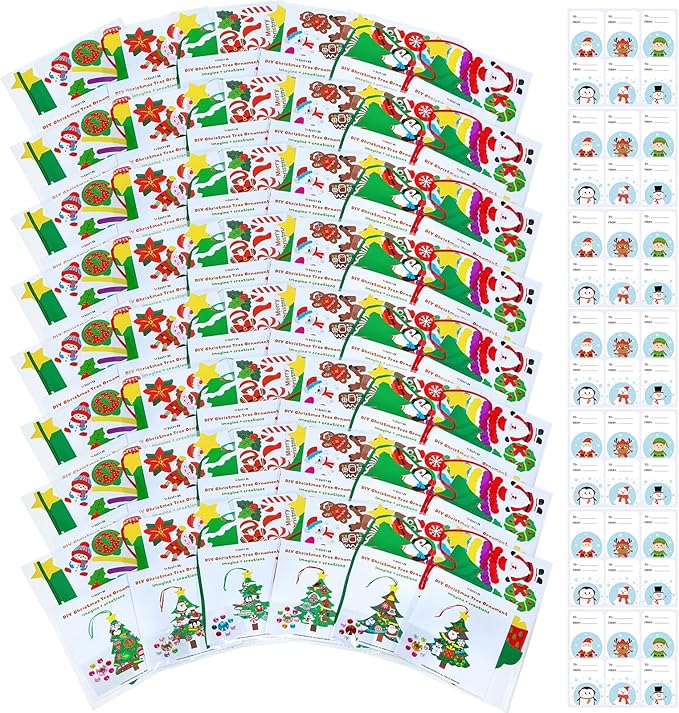 Winlyn 48 Sets Christmas Tree Ornaments Decorations Art Sets DIY Christmas Craft Kits Winter Crafts Pine Tree Snowman Snowflake Santa Xmas Stickers for Kids Holiday Classroom Activities Party Favors
