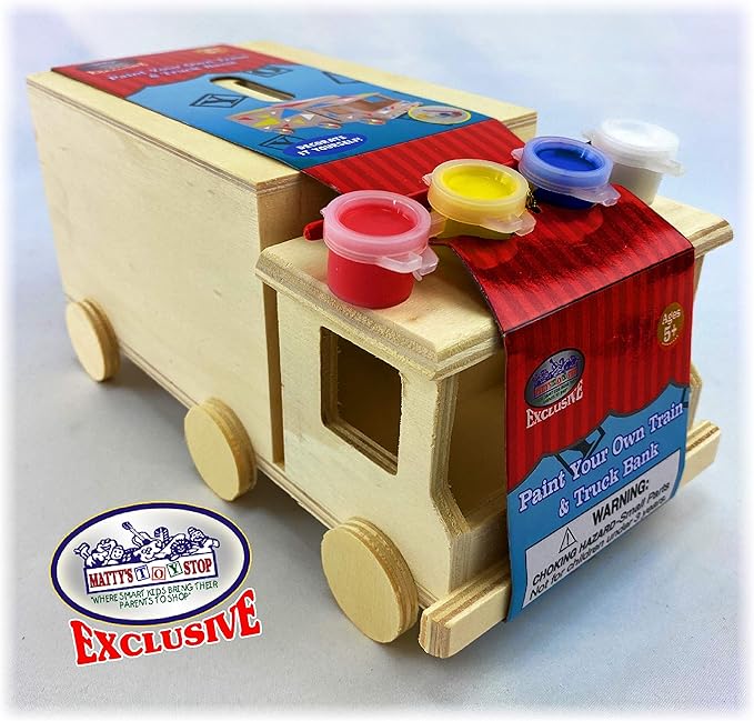 Mɑtty's Toy Stop Design & Paint Your Own Wooden Train & Truck Banks (Each Includes 4 Paints & 1 Brush) Gift Set Bundle - 2 Pack