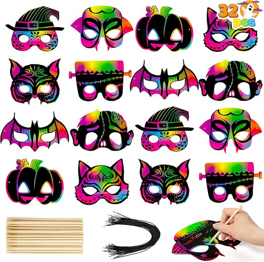 JOYIN 32 Pcs Halloween Rainbow Scratch Masks Crafts for Kids, Halloween Party Favors, Scratch Art Masks, Halloween Party Supplies, Scratch Off Paper Animal Masks Classroom Activities Gift Party Games