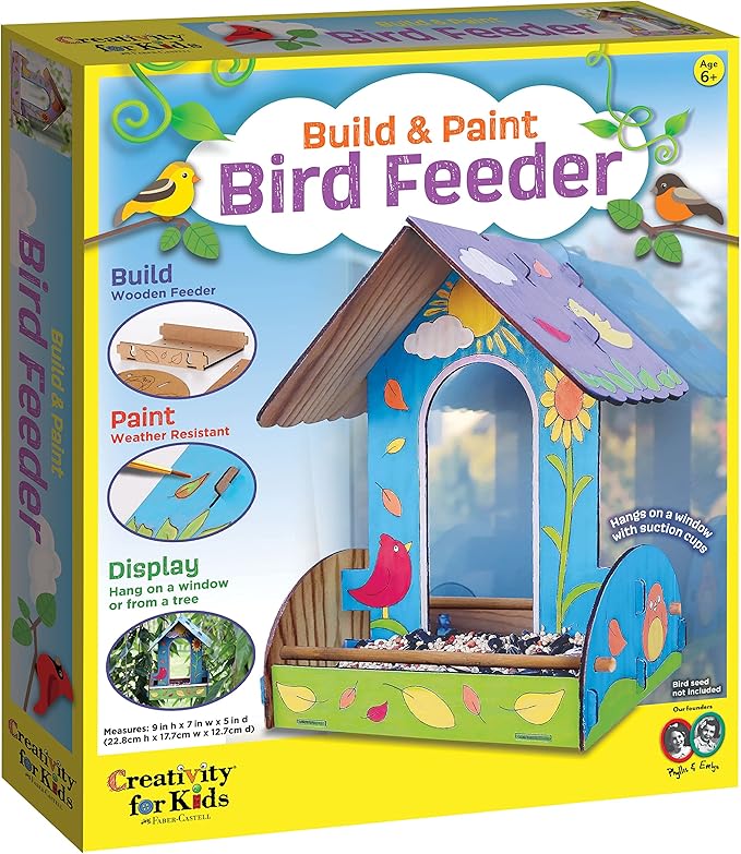 Creativity for Kids Build and Paint Bird Feeder Wood Craft Kit - DIY Bird House Kit for Children, Outdoor Activities for Kids Age 6+,Yellow,orange,blue,white,green,violet