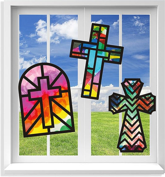 VHALE Suncatchers Craft 3 Sets (9 Cutouts) w Tissue Papers Stained Glass Effect Paper Sun Catcher Kit, Window Art, Classroom Crafts, Creative Art Projects, Kids Party Favors (Cross)