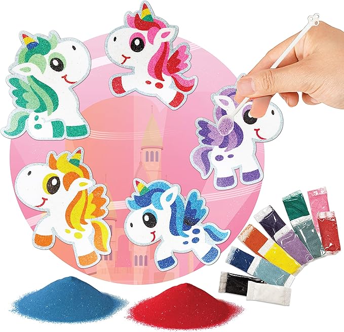 VHALE Peel and Stick Magnetic Sand Art Board, 5 MDF Sand Art Sets with Non Scratch Magnets, Peel, Sprinkle and Stick Designs, 12 Sand Colors, Fridge Decor, Kids Party Favors (Unicorn)