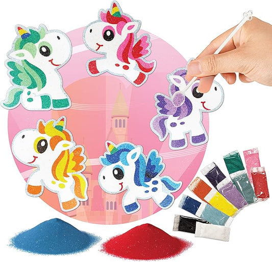 VHALE Peel and Stick Magnetic Sand Art Board, 5 MDF Sand Art Sets with Non Scratch Magnets, Peel, Sprinkle and Stick Designs, 12 Sand Colors, Fridge Decor, Kids Party Favors (Unicorn)