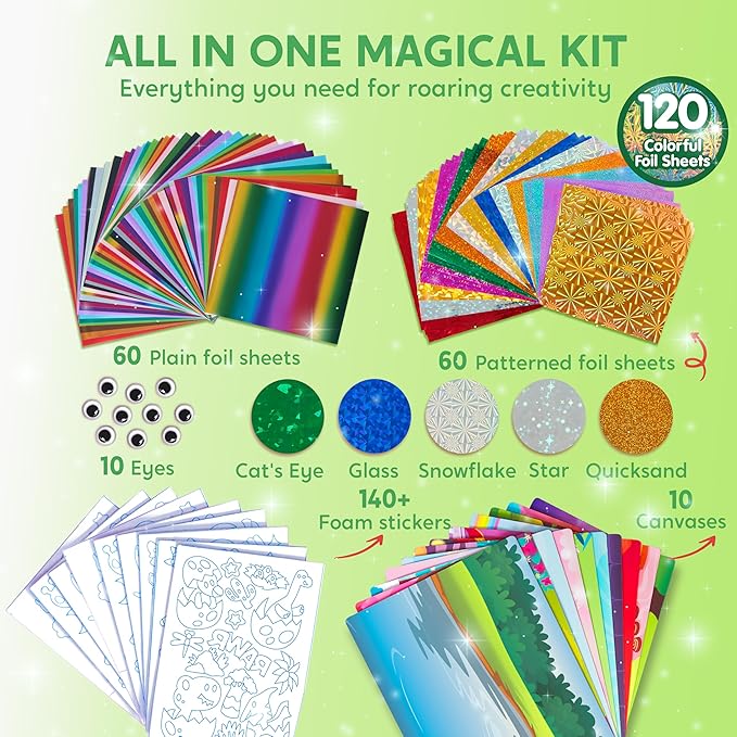 Klever Kits Foil Art Kit for Kids - Arts & Crafts Supplies, Mess Free Coloring, Dinosaur Foil Foam Stickers, Creative Travel Toys, Birthday Gifts for Boys & Girls Ages 4 and Up