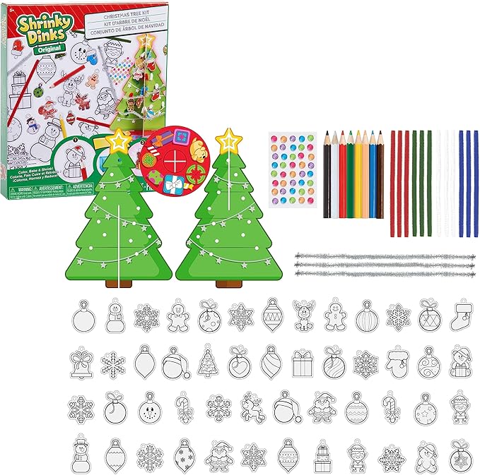 Shrinky Dinks Christmas Tree Kit, 50 Pre-Cut Shrinky Dinks Ornaments, Arts and Crafts, Kids Toys for Ages 5 Up by Just Play
