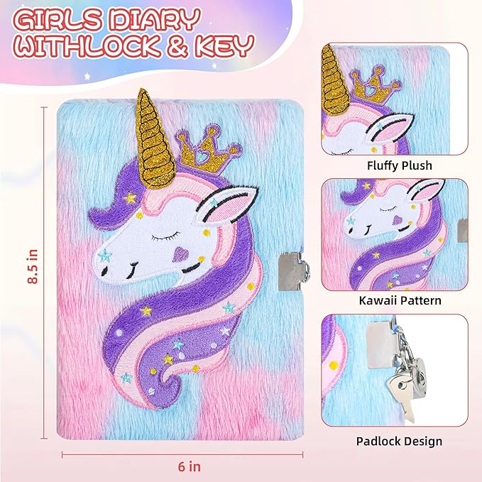 LiYiQ Plush Unicorn Diary Gift for Girls Kids Travel Journal Secret Diary with Scrapbook Paper Stickers Journal Stencils Pompom Pen and Washi Tape Practical Set Gift for Birthday Christma