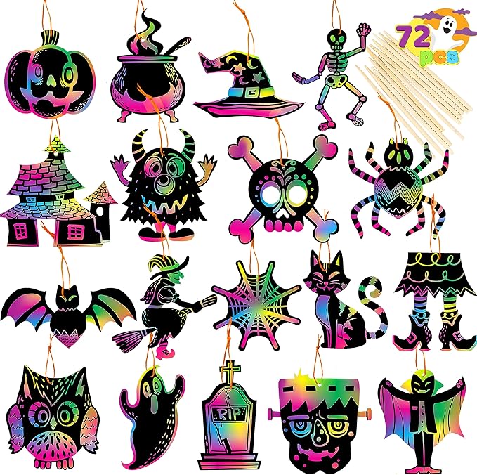JOYIN 72 Pcs Halloween Rainbow Scratch Art Crafts for Kid, Halloween Party Favors, Scratch Paper for Party Supplies, Classroom Activities Gifts Party Game Goodies, Scratch Off Paper with 18 Designs