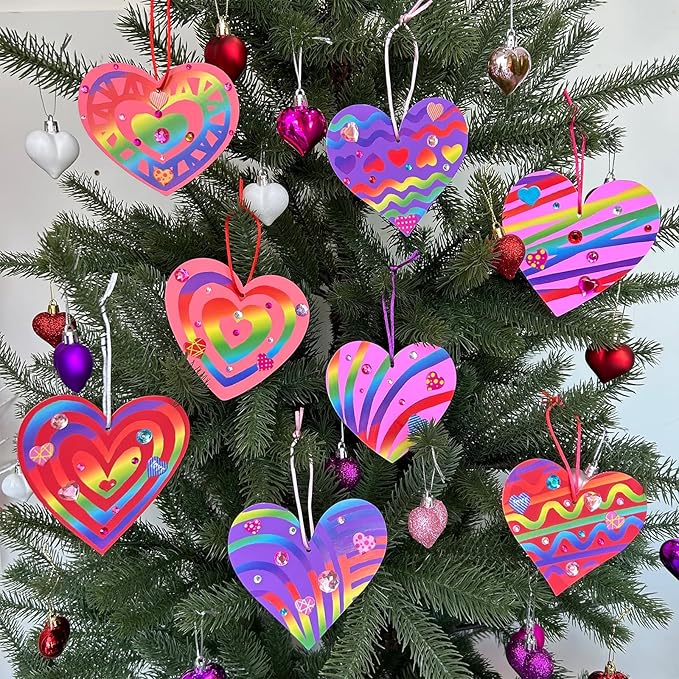 Winlyn 32 Sets Colorful Magic Color Scratch Valentine Hearts Ornaments Decorations Valentine Scratch Art Hearts Valentine's Day Craft Kits for Kids Classroom Activities Party Favors Gift Exchange