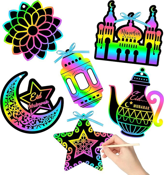 WATINC 60pcs Ramadan Scratch Paper Art Kit for Kids, Eid Mubarak Magic Color Scratch Off Cards Hanging Ornaments Craft, Al-Fitr Party Classroom Activity School DIY Drawing Project Supplies
