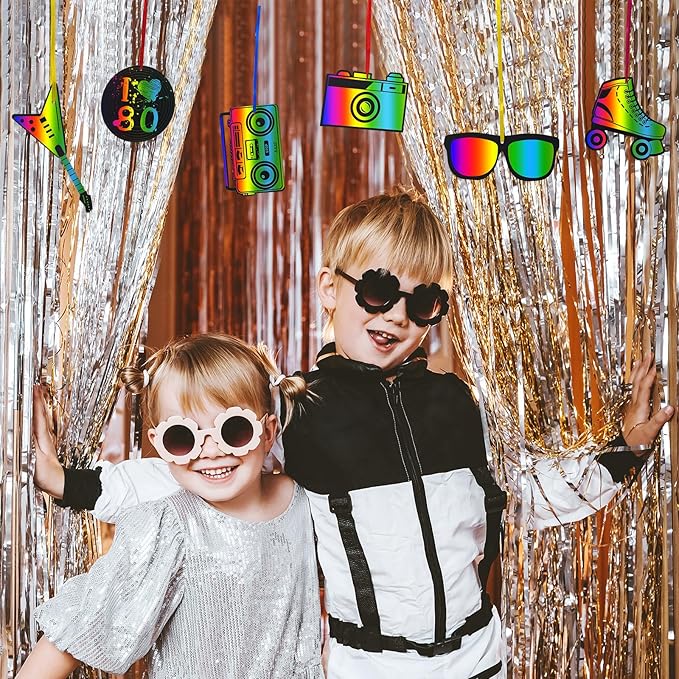 NODMIPNS 36 Pieces 80s Party Scratch Art for Adult,Retro 1980s Hip Hop Party Rainbow Scratch Paper Kit Scratch Crafts Art Set,Back to The 80s Birthday Party Favors DIY Ornament for Christmas Tree