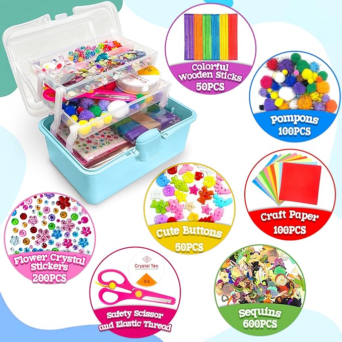 LINAYE 2500+PCS Arts and Crafts Supplies for Kids, DIY Craft Supplies Kit Box for Ages 6-8, Arts and Crafts Kit for Kids, Crafting Supply Set for Girls Boys Birthday Christmas Gifts, Light Blue