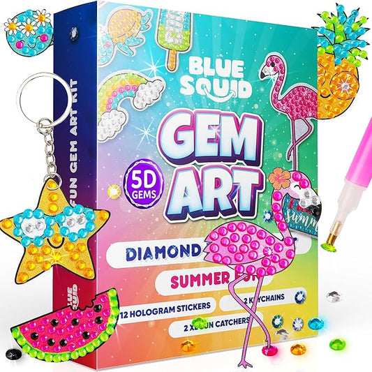 Blue Squid Diamond Art Kits for Kids – Fun & Easy DIY 5D Gem Art Gift Set for Keychains, Stickers, Sun Catchers - Diamond Painting Arts & Crafts Kit for Kids, Girls, Boys Ages 6 7 8 9 10 11 12