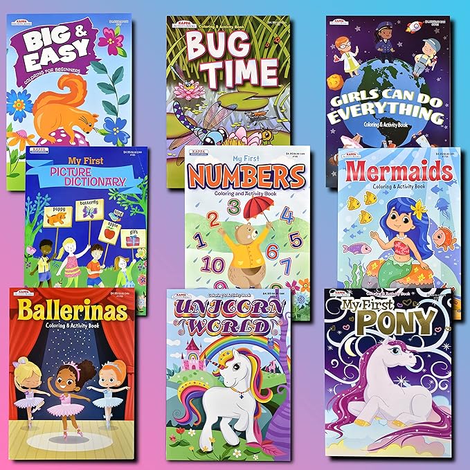 Variety Savings Kappa Coloring and Activity Books for Girls, Numbers and Letters, ABCs, Girl Power, Mermaid, Unicorn, 8.5”x11” Extra Large Size for Hours of Fun, Ages 2-4, 4-8, 8-12 (Pack of 9)