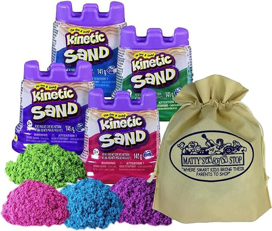 Kinetic Sand Modeling Sand 4.5oz. Containers Pink, Green, Purple & Blue Gift Set Bundle with Bonus Matty's Toy Stop Storage Bag - 4 Pack