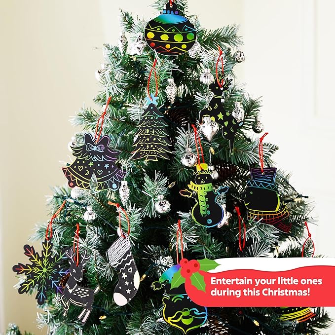 JOYIN 48 Pcs Christmas Scratch Art Ornaments, Scratch Paper Craft Kit Include Snowman, Snowflakes, Christmas Tree, and Reindeer, Rainbow Color Scratch Off Hanging Ornament for Kids Party Favors