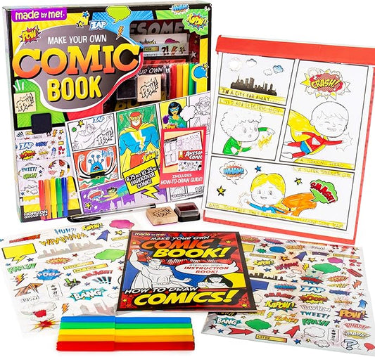 Made By Me Make Your Own Comic Book Storytelling Kit for Kids, 15-Page, Hardcover, How-to Draw Instructional Guide, Comic Inspired Stickers & Stamp, Holographic Stickers, 5 Vibrant Markers