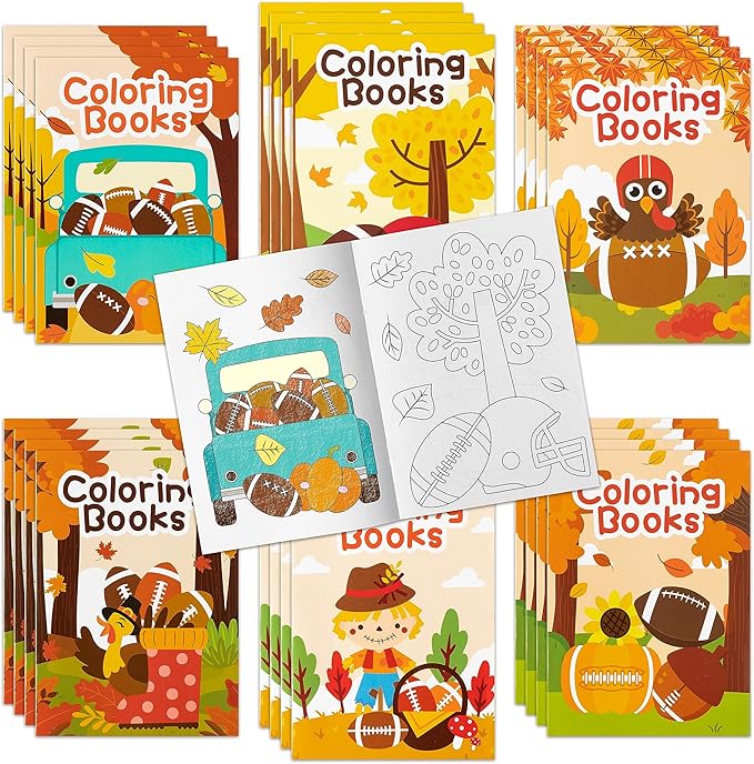 Dvbonike 24Pcs Fall Football Coloring Books Thanksgiving DIY Color-in Pages Maple Leaves Pumpkin Turkey Drawing Booklet Party Favors Gifts Home Classroom Art Activity Supplies for Kids Toddlers