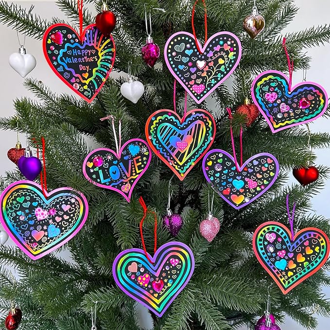 Winlyn 45 Sets 9 Styles Magic Color Scratch Black Valentine Heart Ornaments Decorations Valentine Scratch Art Heart Valentine's Day Craft Kits for Kids Classroom Activities Party Favors Gift Exchange