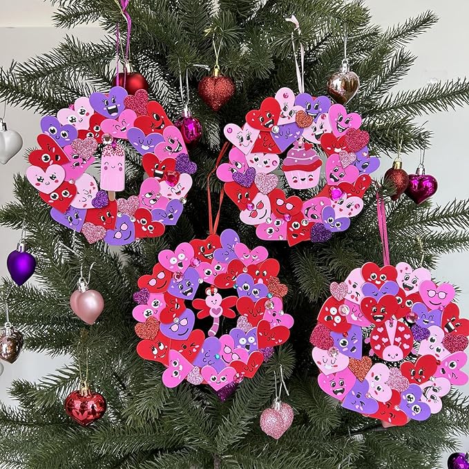 Winlyn 12 Sets Valentine's Day Craft Kits Heart Crafts DIY Heart Wreath Ornaments Decorations Art Sets Foam Smile Heart Stickers for Kids Valentine's Day Party Classroom Activities Gift Exchange