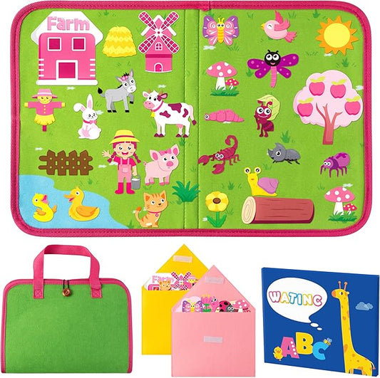 WATINC Pink Animals Felt Story Board - Farm Animal and Insect Bug Learning Flannel Portable Story Board Gift, Early Educational Storytelling Travel Interactive Play Kit for Classroom Kids Toddlers