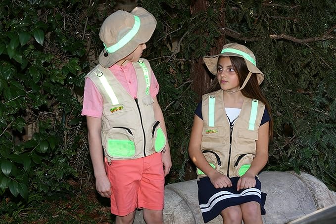 Youth M/L Combination Set Boys and Girls: 1 Tan Cargo Vest for Kids with Reflective Safety Straps & Sun Hat with Chin Strap. Color: Youth M/L Tan