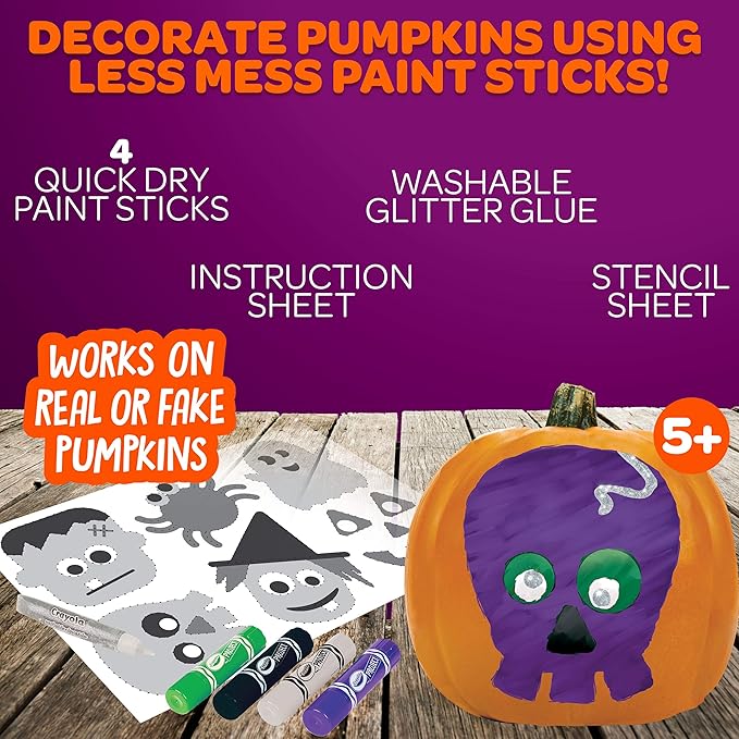 Crayola No Carve Pumpkin Decorating Kit with Paint Sticks, Less Mess Paint Set for Kids, Gift